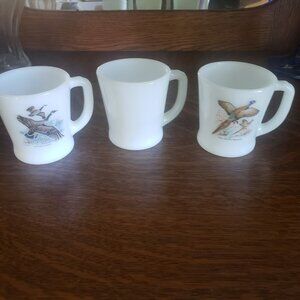 Set 3 Vtg Fire King Oven‎ Ware Rooster Pheasant Canada Goose Mug Cup Milk Glass